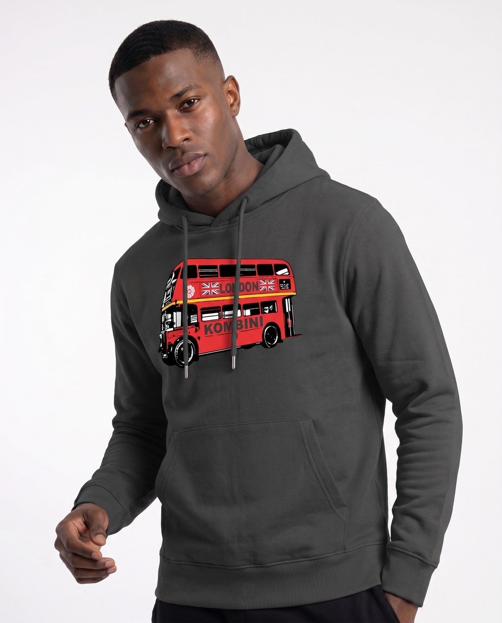Kombini London Bus Hoodie worn by model on white background