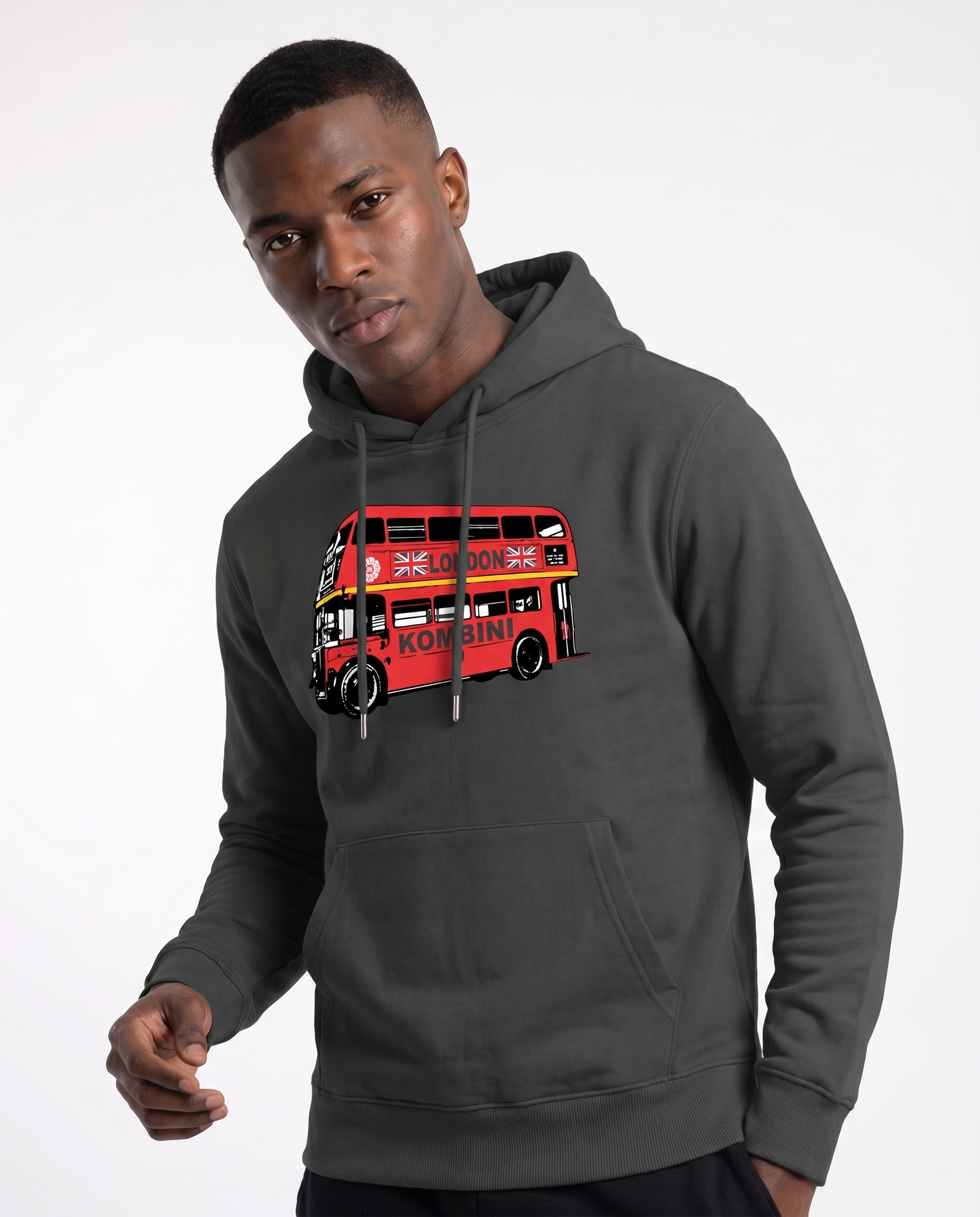 Kombini London Bus Hoodie worn by model on white background