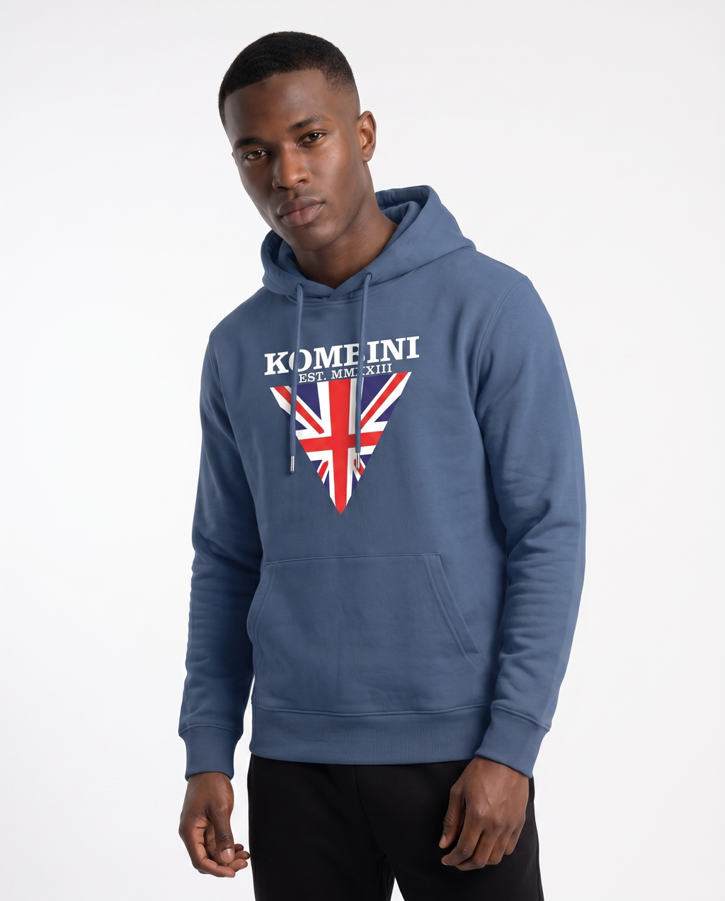 Kombini UK Hoodie worn by model on white background