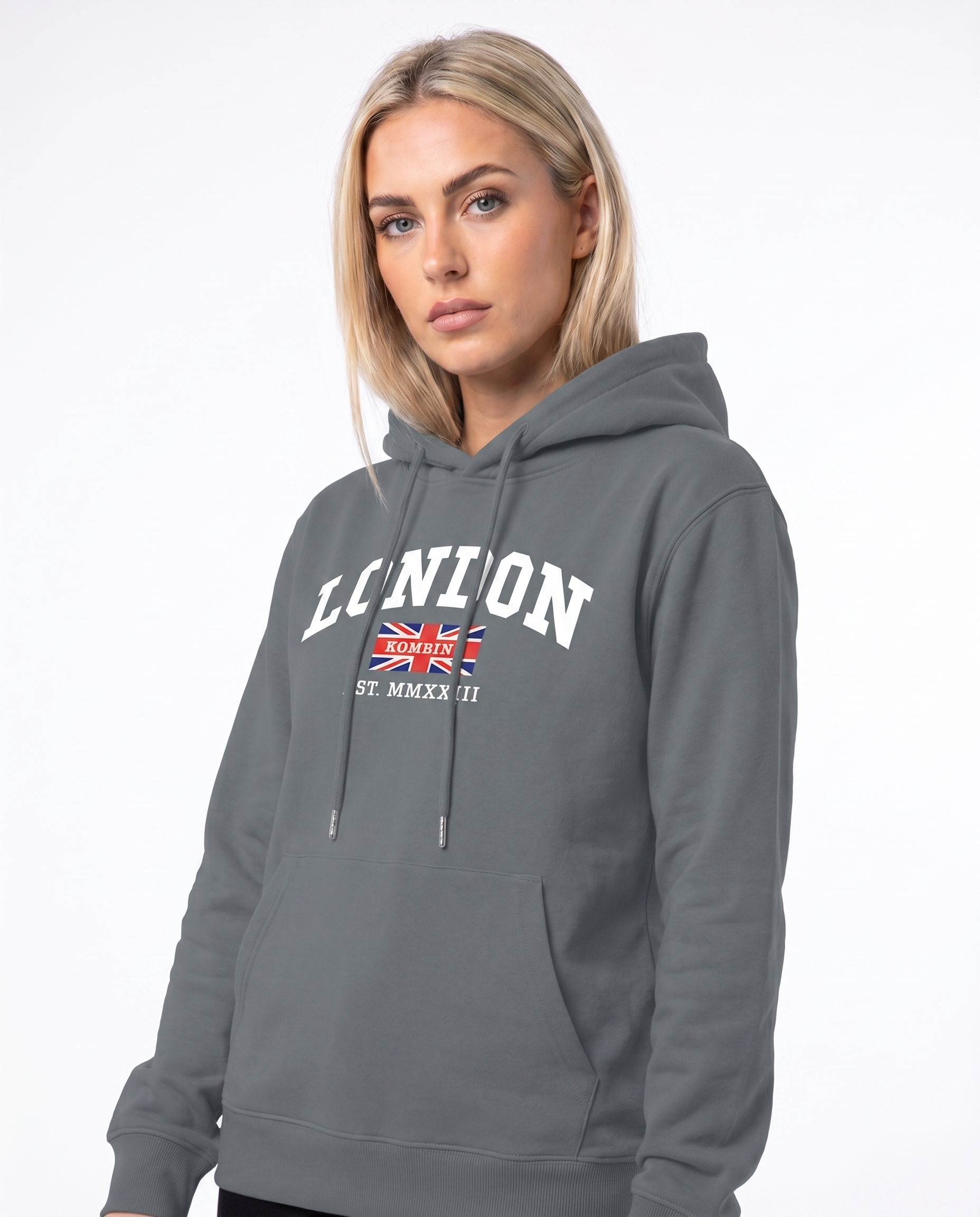 Kombini London Hoodie worn by model on white background