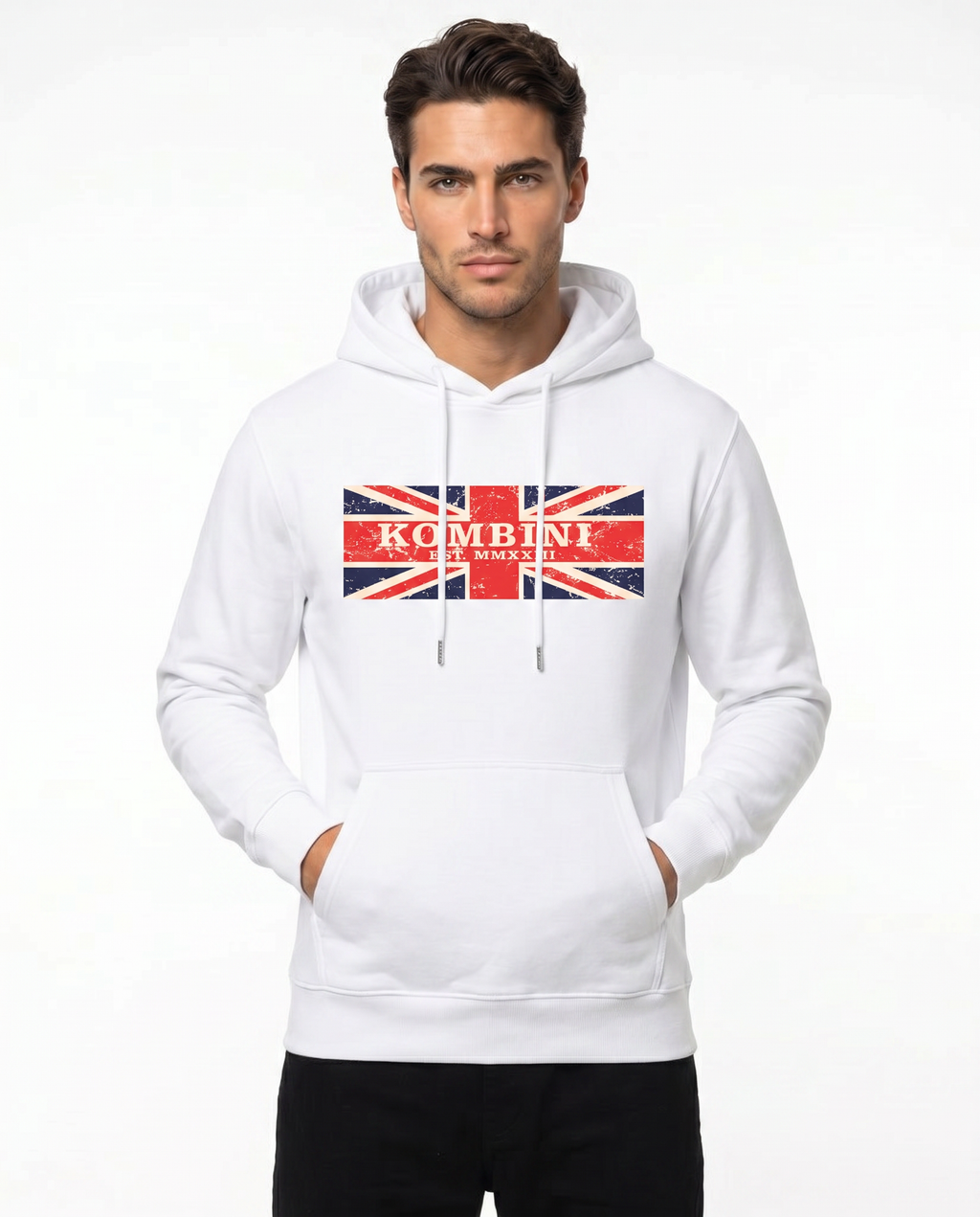 Kombini Union Jack Hoodie worn by model on white background