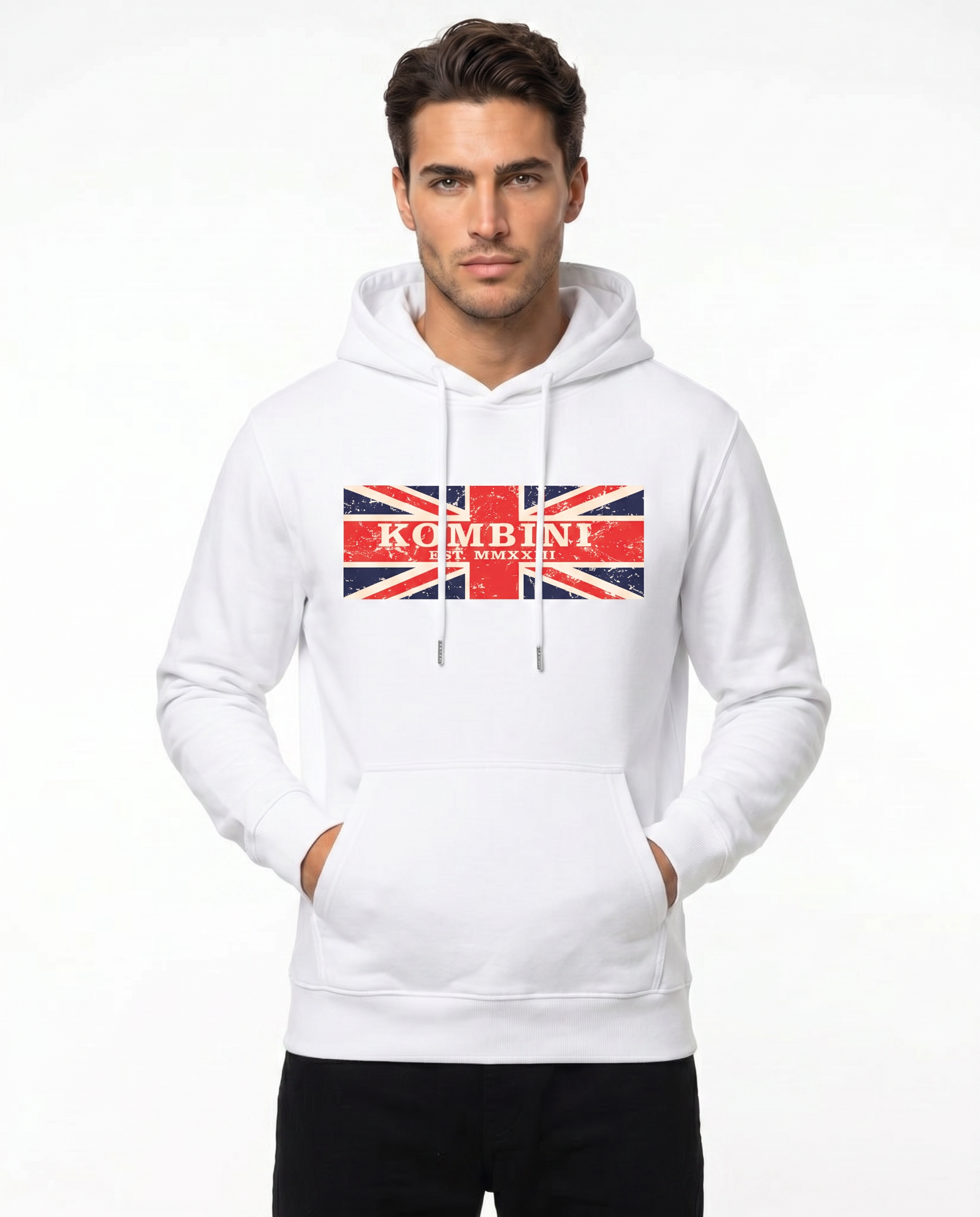 Kombini Union Jack Hoodie worn by model on white background