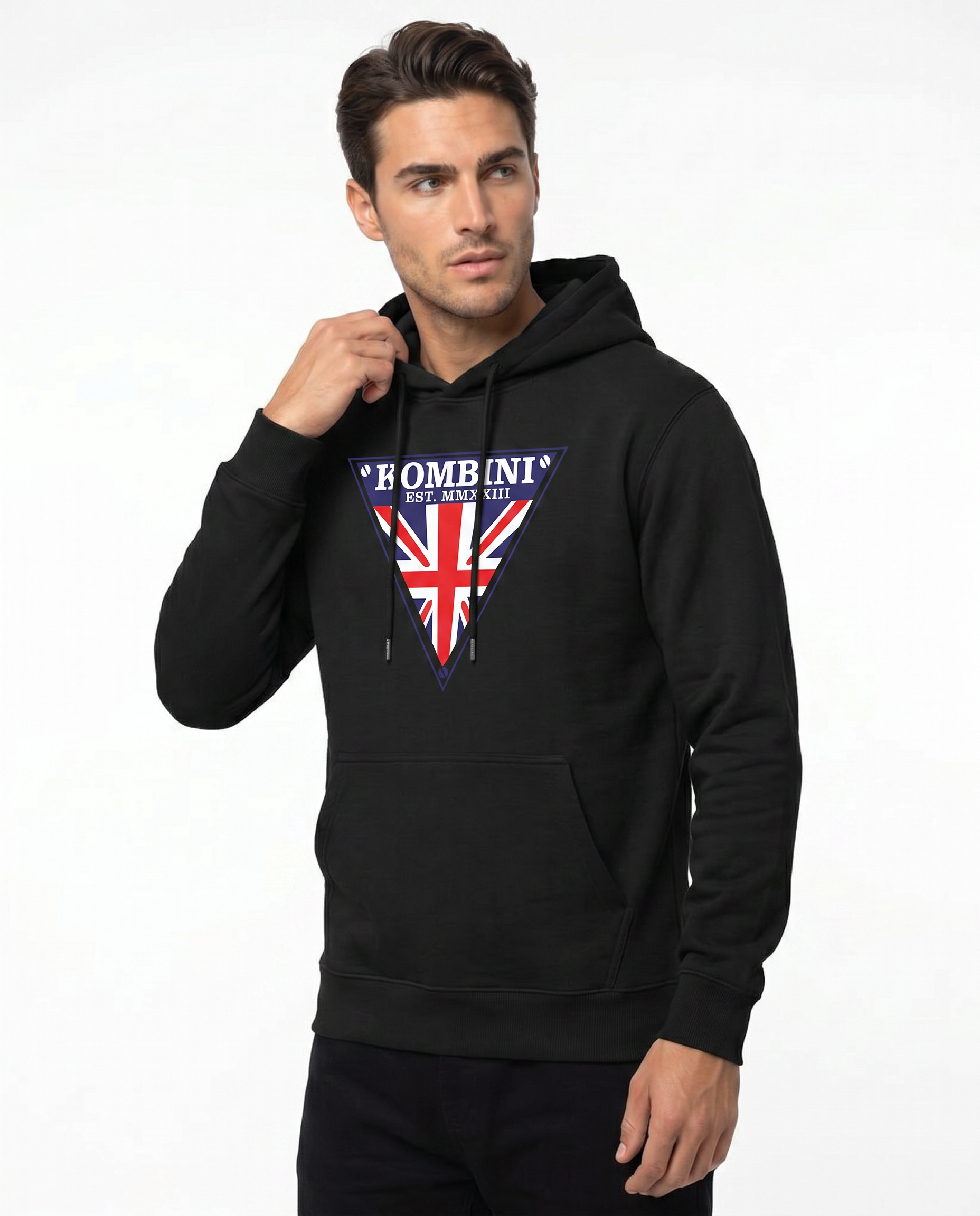 Kombini UK Emblem Hoodie worn by model on white background