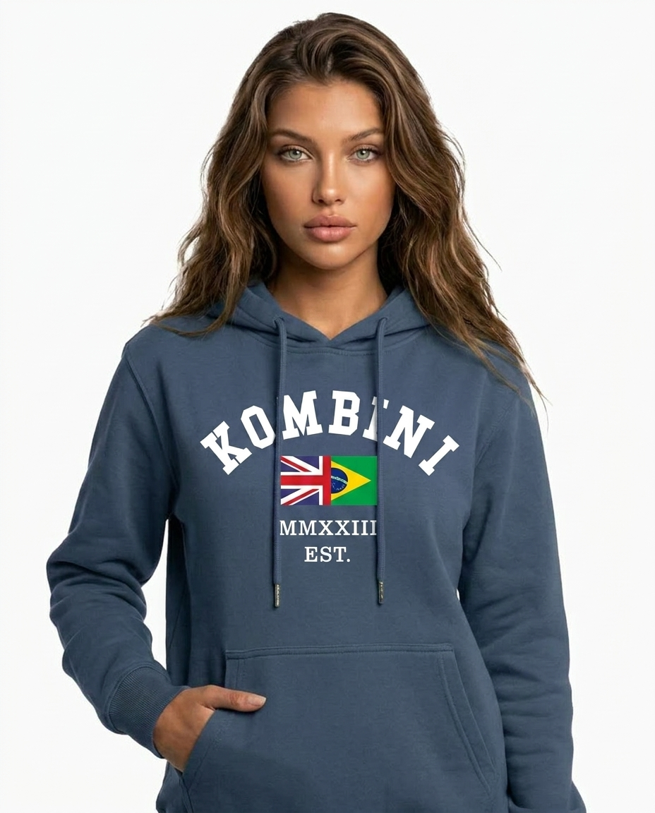 Kombini UK and Brazil Hoodie worn by model on white background