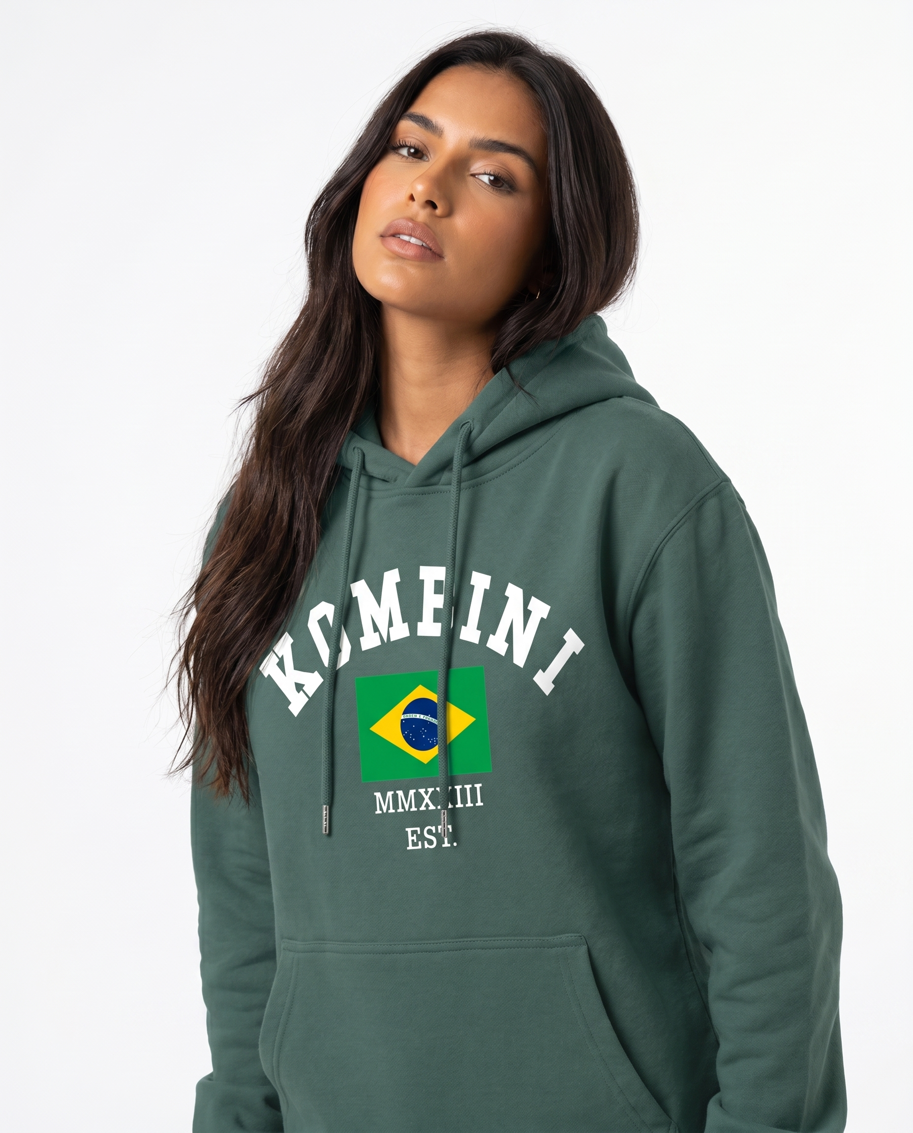 Kombini Brazil Hoodie worn by model on white background