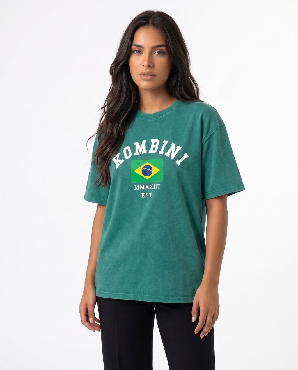 Kombini Brazil Oversized T-Shirt worn by model on white background