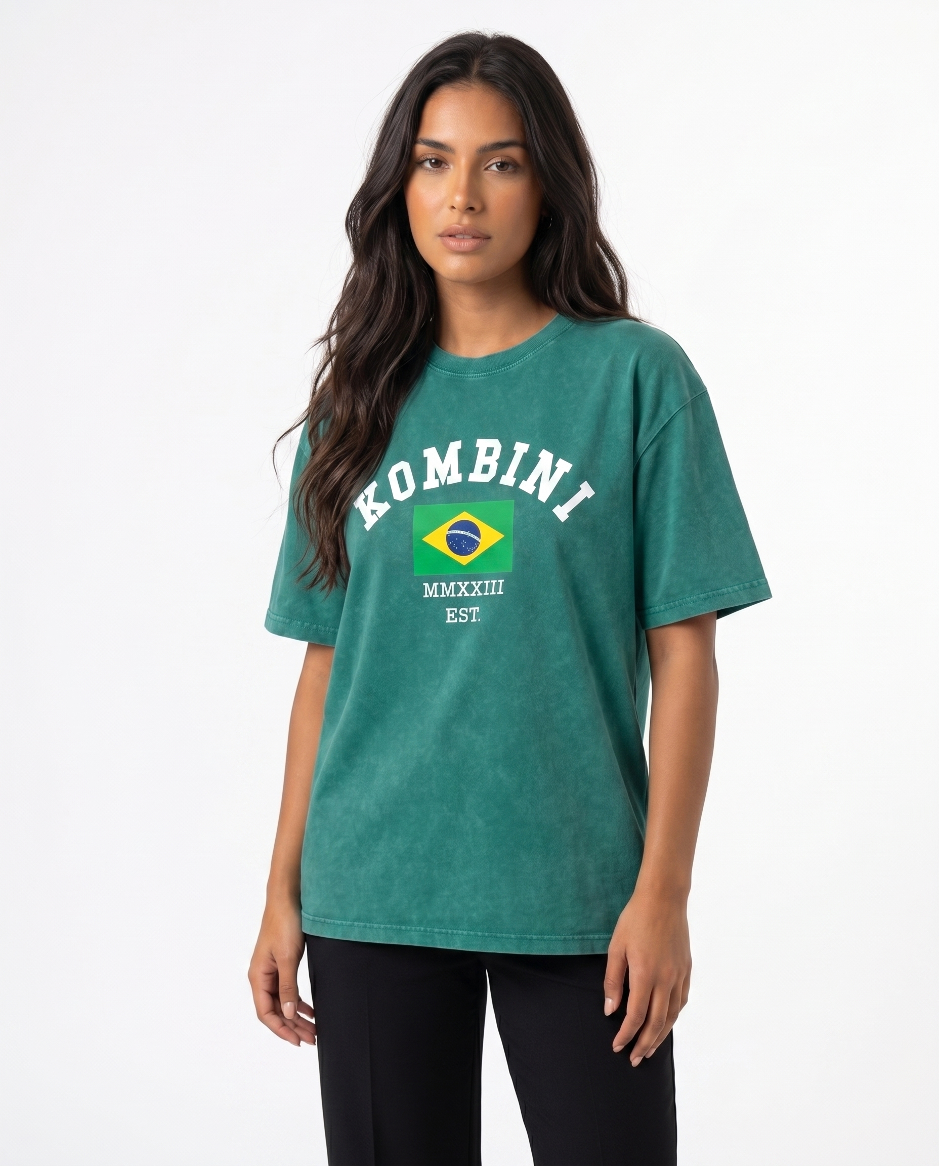 Kombini Brazil Oversized T-Shirt worn by model on white background