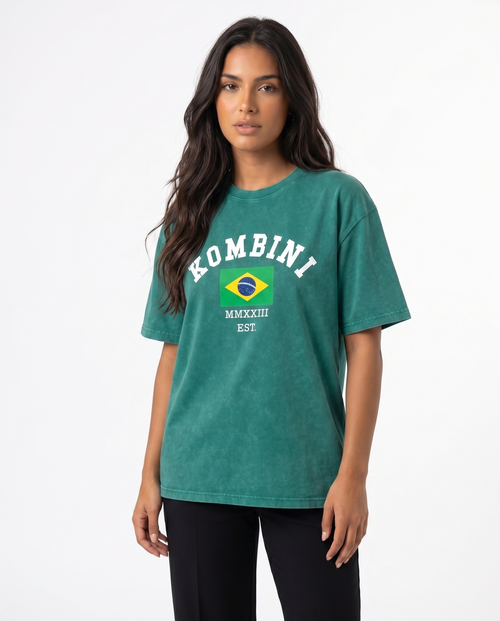 Kombini Brazil Oversized T-Shirt worn by model on white background