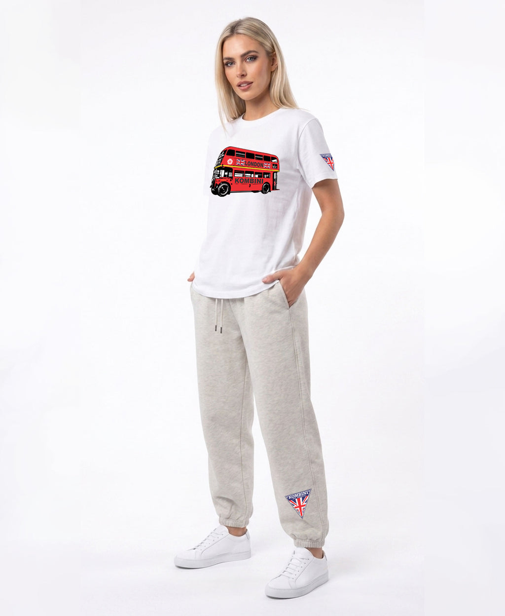 Kombini Essential Joggers worn by model on white background